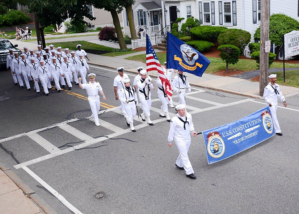 The crew of the USS Constitution marches in the Flag Day Parade in Dedham, Massachusetts (2018)